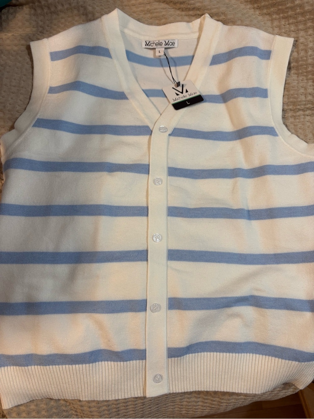 Women’s Cream & Light Blue Striped Sleeveless Sweater Vest